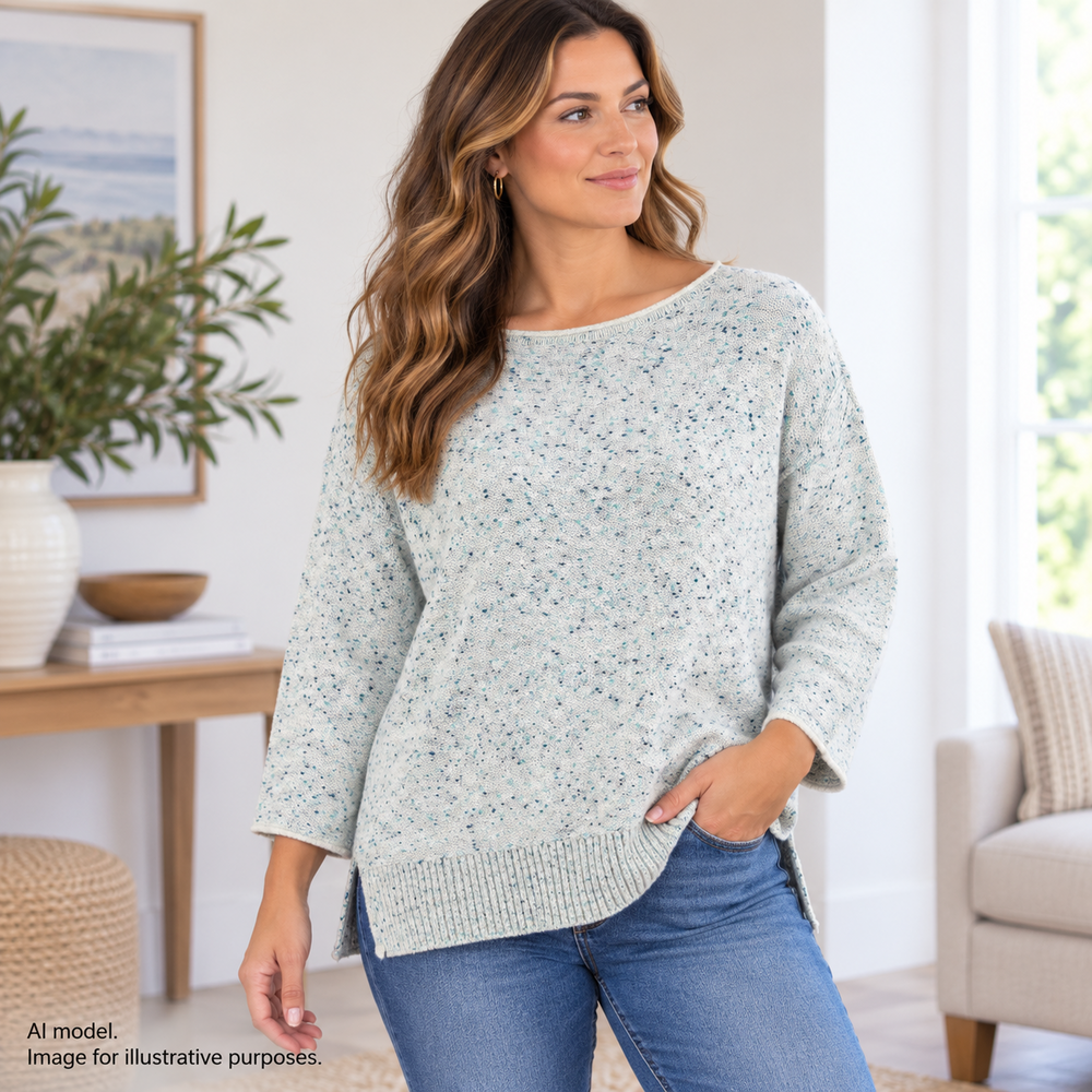 T by Talbots Sweater Womens Large Gray Blue Speckled Pullover Lightweight Knit
